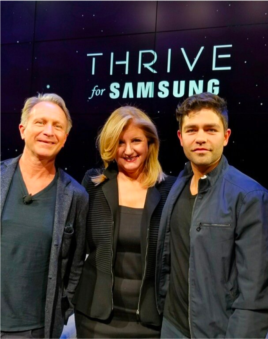Arianna Huffington Marc Mathieu CMO Samsung Adrian Grenier introducing Thrive for Samsung Lisa Chin
